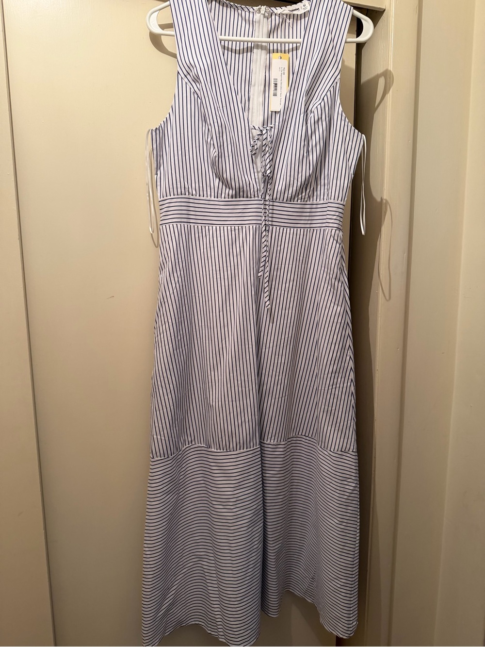 Sleeveless Navy and White Striped Midi Dress with Waist Detailing